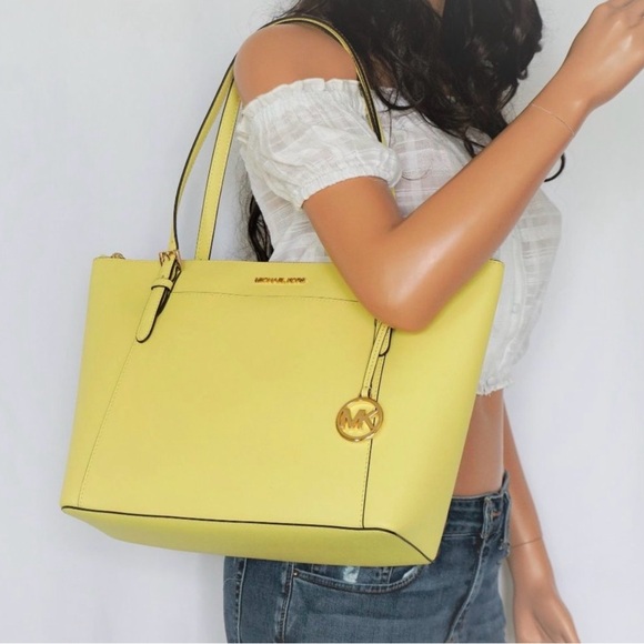 Michael Kors Ciara L Leather Tote Yellow Sunshine Saffiano Zip Top Bag Large